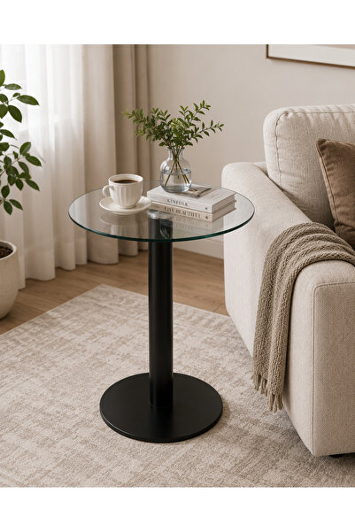 N.zone طاولة جانبية عصرية بسطح زجاجي شفاف وهيكل اسود أنيق مقاس 45 × 45 × 55 س...