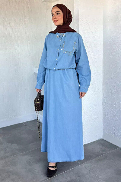 TOZLU Elastic Waist Skirt, Stone Embroidered Shirt, Hijab, Two-Piece Set