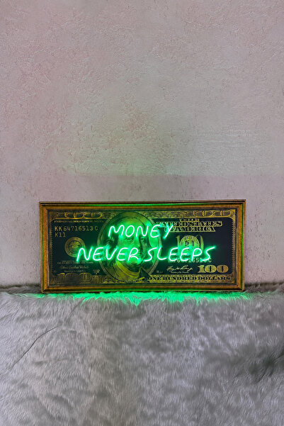 Konya Neon TR Money Never Sleeps 100 Dolar Temalı Neon Led Işıklı Dekoratif T...