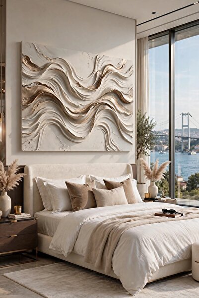 shsanatsal 3D Kabartma Efekli Beyaz Gold Dalga Kanvas Tablo Lüks Modern Minim...
