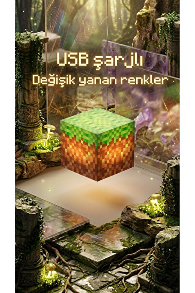 VizyonumVar Concept Minecraft Temalı Renk Değiştiren Küp Masa Lambası - USB Ş...