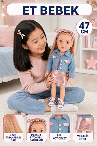 Oyuncak Fabrikası Et Bebek 47 cm Şık Kıyafetli Aksesuarlı Uzun Taranabilir Sa...