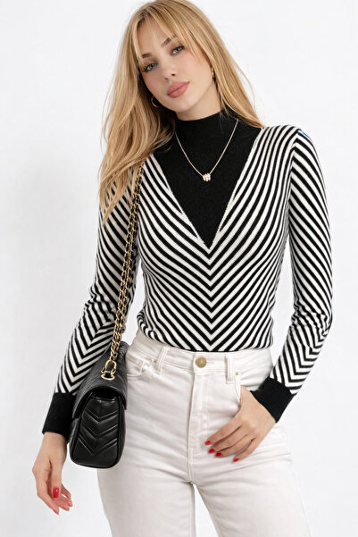 EMR Online Women's Black and White Striped Turtleneck Knitwear Sweater V Patt...