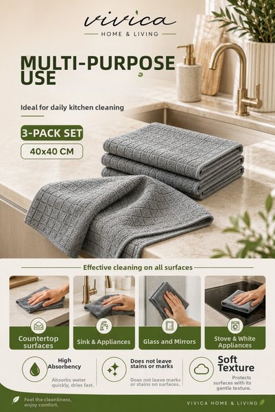 VİVİCAHOME (3 Pieces) Microfiber Cleaning Cloth 40X40 cm – Kitchen, Glass, Countertop and Multi-Purpose Cleaning Cloth, Stain-Resistant, Odor-Free