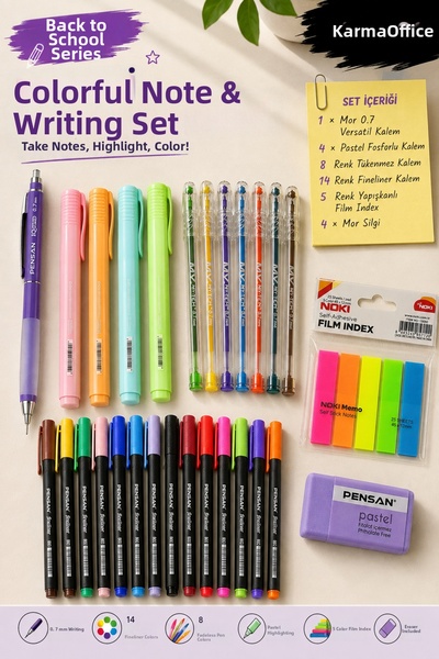 KarmaOfis Back to School Stationery Set Purple 0.7 Versatil Pen |   Highlight...