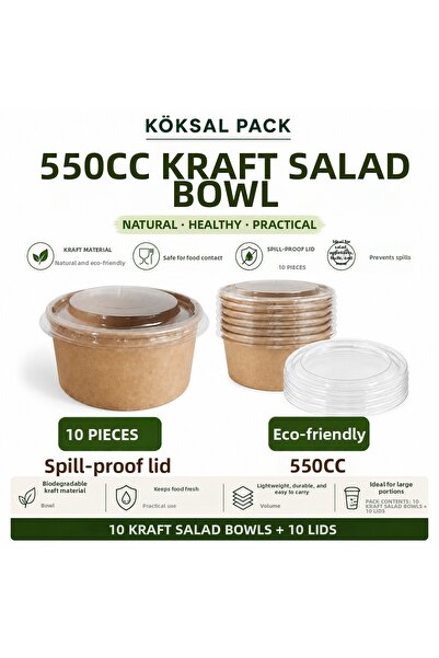 Köksal Pack 10 Pieces 550 Cc Kraft Salad Container with 10 Pieces Transparent...