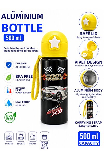 monthiron Aluminum Water Bottle 500 ml Children's Water Bottle with Straw Lea...
