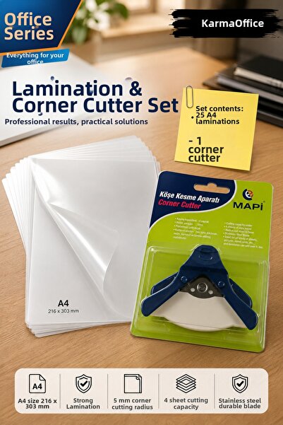 KarmaOfis A4 Laminating Film 25 Pieces – 216X303 mm and Blue Corner Cutting T...