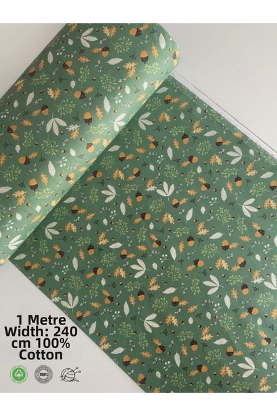 seyranat 1 Meter Width 240 cm 100% Cotton Matte Green Palamut Patterned Bed S...