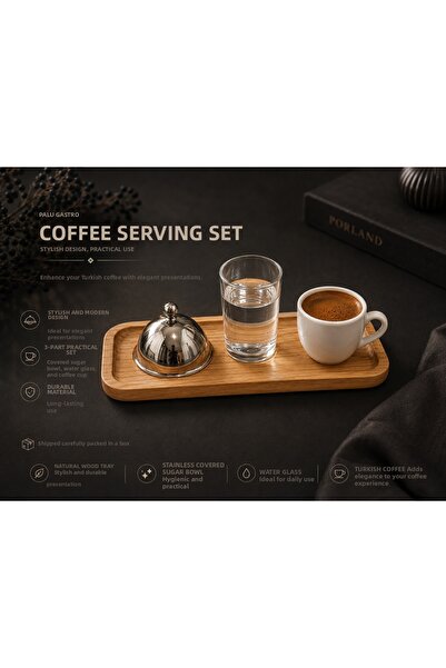 PALU GASTRO 3 Piece Turkish Coffee Presentation Set with Wooden Tray