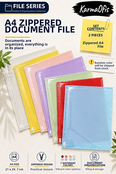 KarmaOfis Multi-Colored 2 Pieces A4 Zipper File Folder Document Document Stor...
