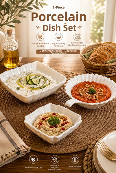 Porsima Set of 3 White Porcelain Bowls – 3 Different Models for Serving, Sala...