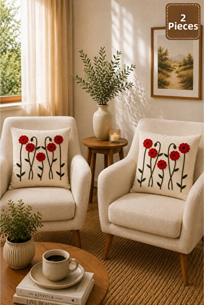 SEVMİŞ HOME 2 Piece Punch Cushion Cover 43X43 cm – Decorative Embroidered Cus...