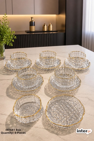 İnterlife Glass Bowl with Plate, Snack Bowl, Presentation Bowl, Gold Detailed...