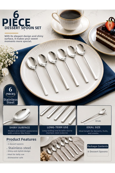 Single Set of 6 Stainless Steel Dessert Spoons