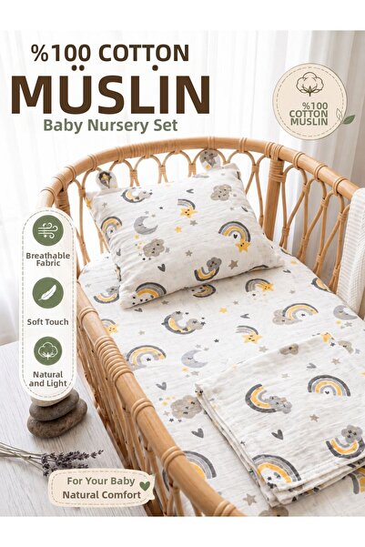 Parpali Atölye 100% Cotton Muslin Baby Bedding Set 3-Piece – Duvet Cover, She...
