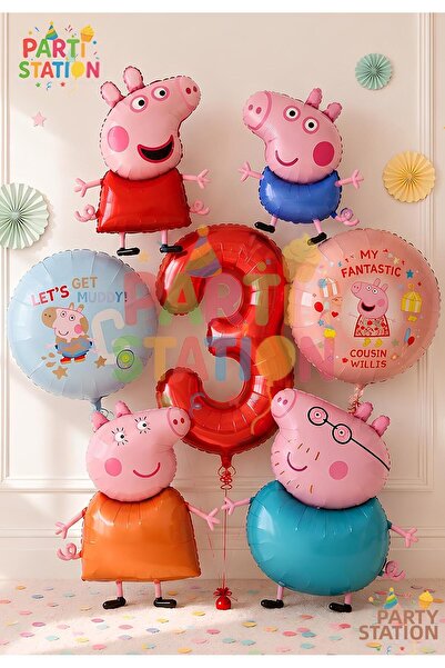 Parti Station Peppa Pig & George Themed 3 Years Old - 7 Piece Foil Balloon Se...