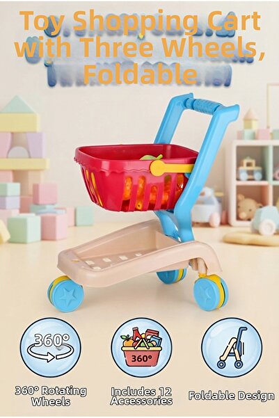 Tıfıl Toys Three-Wheeled Folding Shopping Cart with Basket, 360 Degree Rotati...