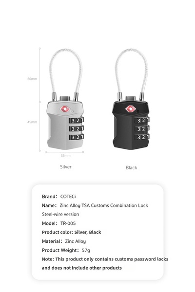COTECi Zinc Alloy Steel Cable Tsa Combination Suitcase and Travel Security Lo...