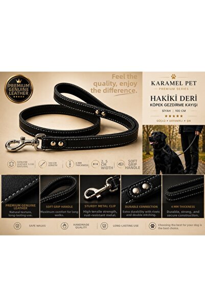 pınaxar Genuine Leather Dog Walking Leash Black 100 cm with Soft Handle