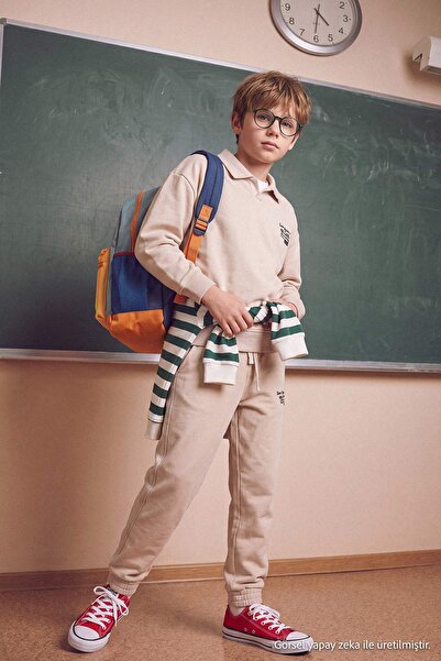 TRENDYOLKIDS Stone Cotton Polo Collar Boys' Knitted Thick Sweatshirt and Swea...