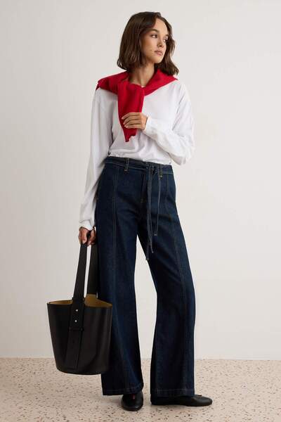 Trendyol Collection Dark Blue 100% Cotton High Waist Wide Leg Jeans Twoaw27Je...