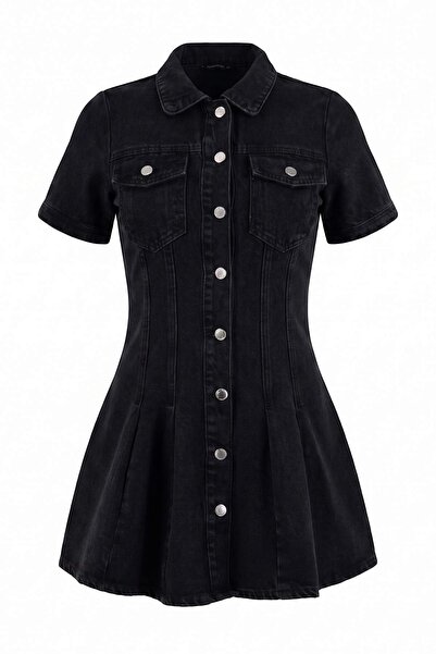 Trendyol Collection Black Button Detailed Short Sleeve Mini Denim Dress Twoaw...
