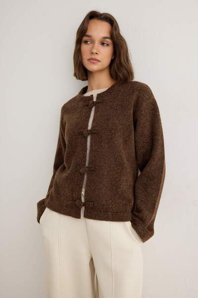 Trendyol Collection Brown Soft Textured Knitwear Cardigan with Front Closure ...