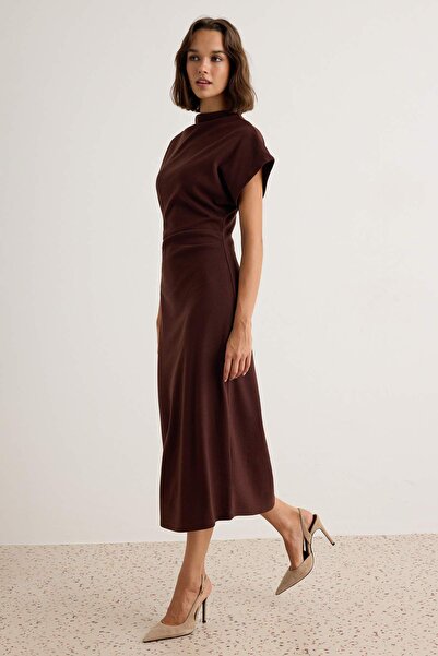 Trendyol Collection Brown Bodycon/Fitted Turtleneck Batwing Maxi Ottoman Knit...