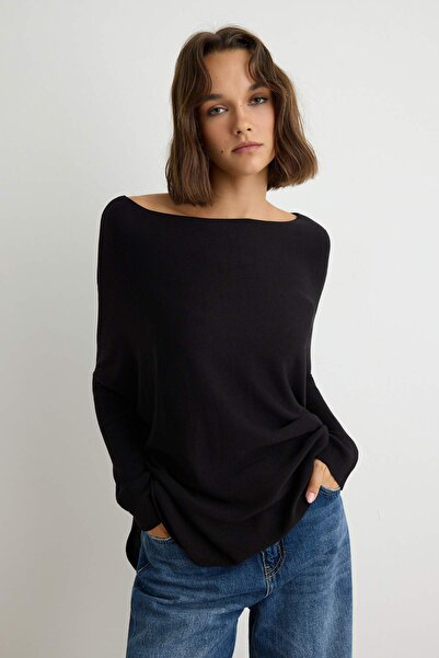Trendyol Collection Black Boat Neck Oversize Basic Bat Sleeve Knitwear Sweate...