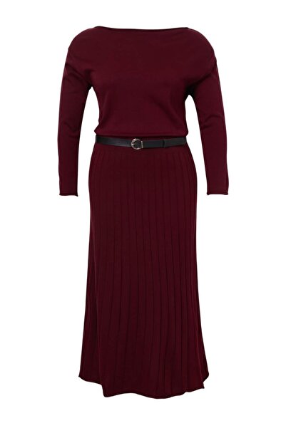 Trendyol Curve Burgundy A-Line Boat Neck Maxi Knitwear Belted Long Dress Tbba...
