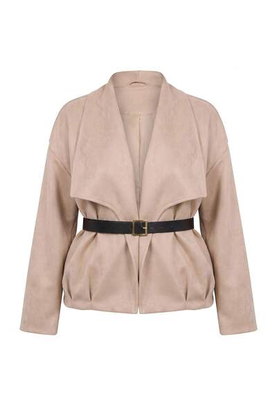 Trendyol Collection Mink Oversize Patterned Belted Suede Bomber Jacket Coat P...