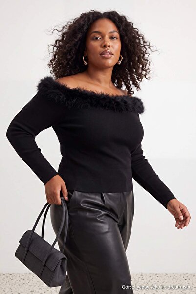 Trendyol Curve Schwarzer, figurbetonter/legerer Strickpullover mit Otriş-Deta...
