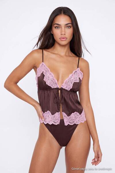 Trendyol Collection Brown-Pink Thin Strap Satin Front Tie Cupless Lingerie Se...