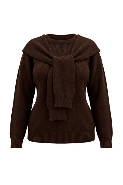 Trendyol Curve Brauner, weich strukturierter Schal-Strickpullover TBBAW27AN00023