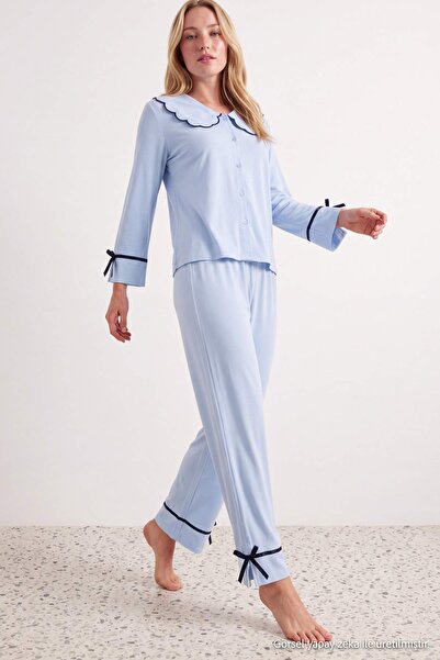 Trendyol Collection Blue Ribbon/Bow Detailed Viscose Woven Pajama Set Thmaw27...