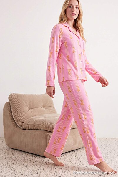 Trendyol Collection Pink 100% Cotton Striped Rabbit Pattern Knitted Pajamas S...