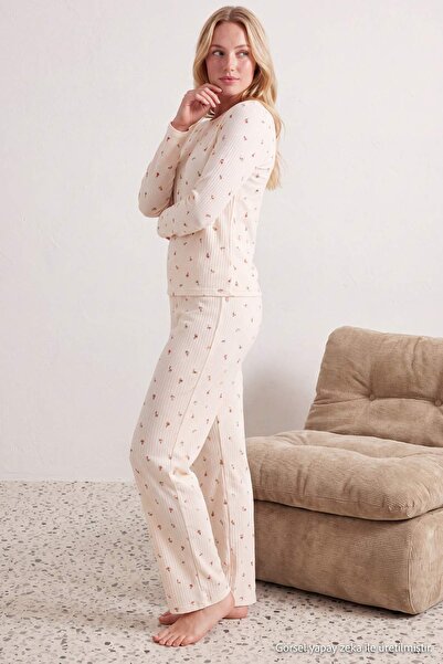 Trendyol Collection Powder Floral Ribbed Knitted Pajama Set Thmaw27Pt00053