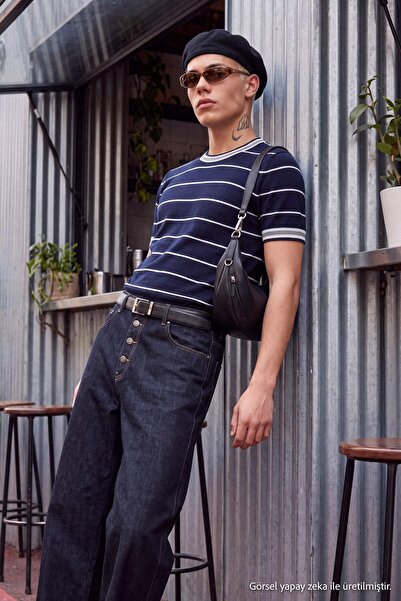 Trendyol Collection Navy Blue Regular/Normal Cut Striped Knitwear T-Shirt Tmn...