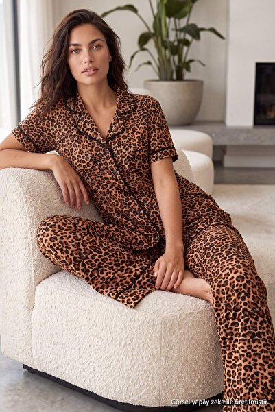 Trendyol Collection Brown 100% Cotton Leopard Patterned Ribbed Knitted Pajama...