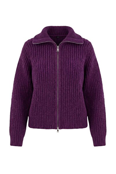 Trendyol Kollektion Wardrobe Essentials Pflaumenfarbene Strickjacke mit Reißv...