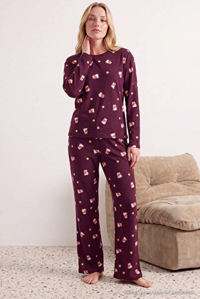 Trendyol Collection Mürdüm 100% Cotton Penguin Knitted Pajama Set Thmaw26Pt00046