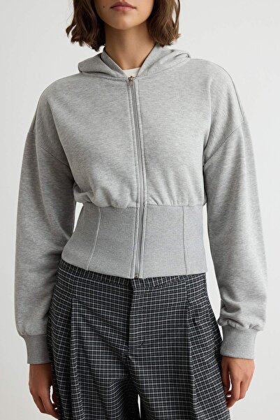 Trendyol Collection Gray Melange Thick Non-Embroidered Waist-Fitted Hooded Zi...