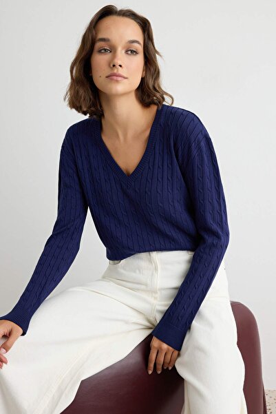 Trendyol Collection Navy Blue More Sustainable Hair Knit V-Neck Oversize Swea...