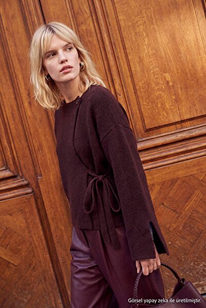 Trendyol Collection Cardigan tricotat cu textură moale, maro închis, cu aspec...