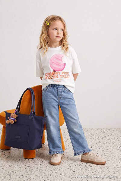 TRENDYOLKIDS Medium Blue Girl's Cotton Flexible Fabric Straight Fit Jean Pant...
