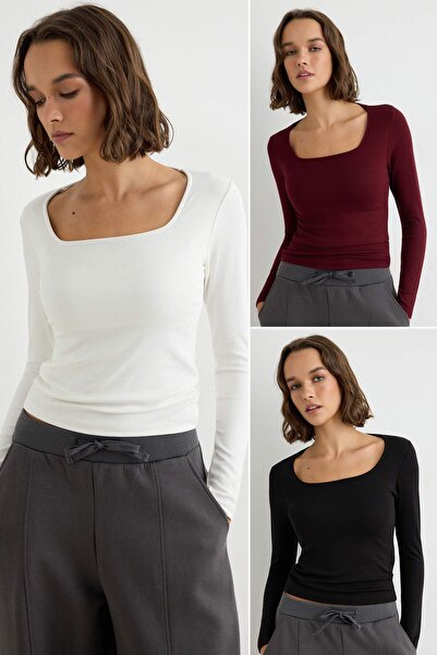 Trendyol Collection Black-Ecru-Burgundy 3-Pack Square Collar Fitted/Bodycon B...
