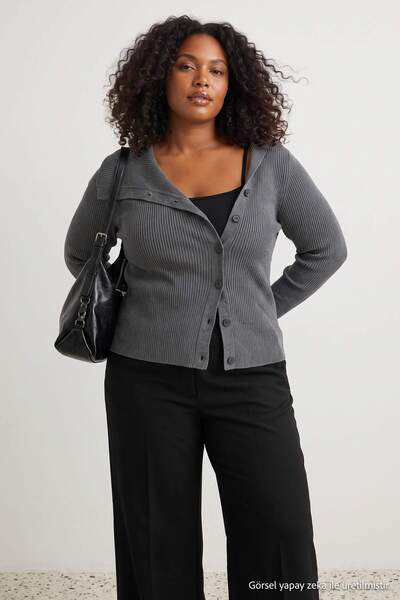 Trendyol Curve Anthracite Mercerized Look Special Yarn Fitted Knitwear Cardig...