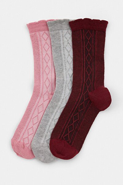Trendyol Collection Burgundy-Pink 3-Pair Embroidered Jacquard Knitted Socks T...