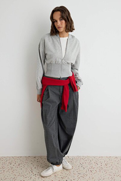 Trendyol Collection Gray Melange Thick Non-Embroidered Waist-Fitted Hooded Zi...